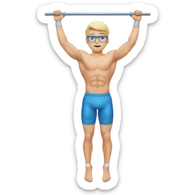 Generate an emoji-style illustration of a muscular blonde young man with blue eyes and transparent glasses, hanging from a pull-up bar. Show his full body from head to toe. Clean, modern emoji design with vibrant colors and simple background. sticker