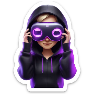 Russian girl wearing black hoody with violet letters "OMG", in vr headset oculus quest2. Dancing. Cyberpunk style. Violet neon. sticker