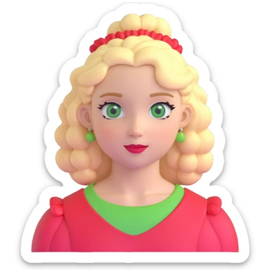 character with blonde, curly shoulder-length hair tied back with a red scrunchie, pale white skin, pale green eyes sticker