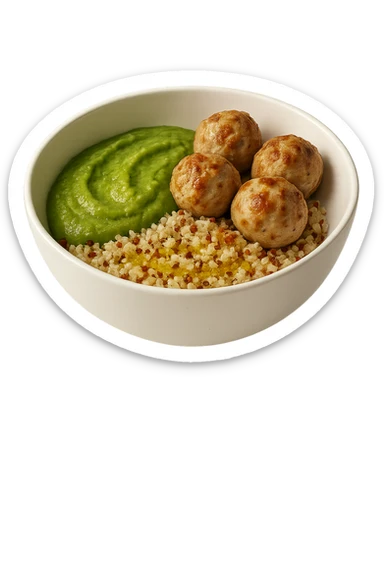 bowl bianca fluttua in aria con polpette di tacchino, purè di zucchine, quinoa e olio di oliva, iperrealistico 4k sticker