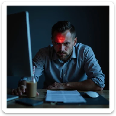 realistic exhausted man at desk late night, paperwork, energy drinks, glowing screen, fatigue, dark circles, slouched posture, faint red glow on head and gut, cold lighting, burnout health risk sticker