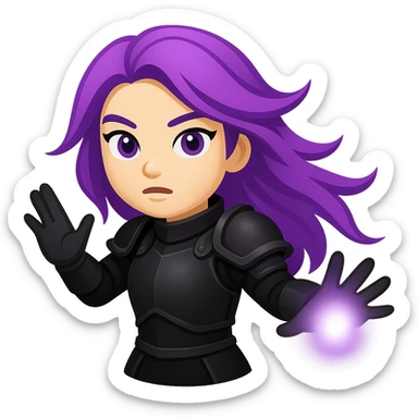 Create an emoji style image of a mysterious warrior girl with flowing purple hair and black armor with arms outstretched as if casting a spell. Keep the style and colors consistent with the reference image. No background. sticker