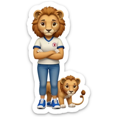 confident anthropomorphised female lion wearing a baseball shirt, jeans, trainers, arms crossed, strong and determined expression sticker