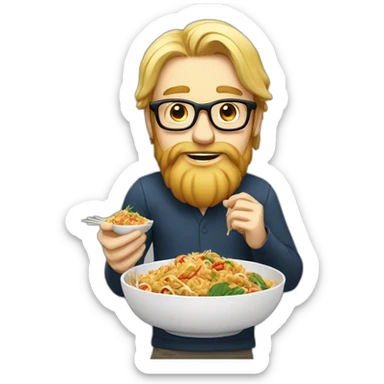 Tall long haired blonde man with beard and glasses eating thai food sticker