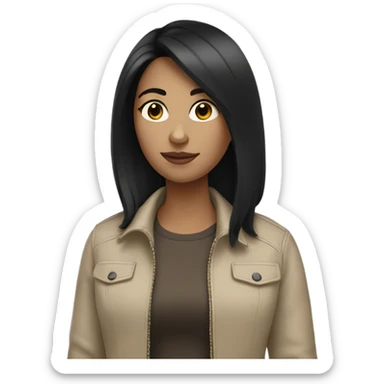 A girl with medium black hair wears a beige jacket sticker