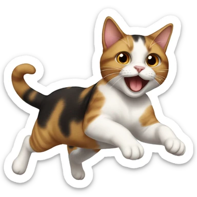 A calico cat jumping on a dark brown fat tabby cat sticker