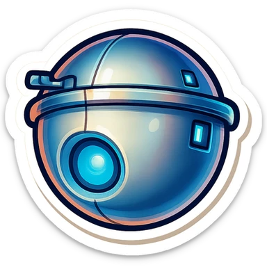 Render this spherical robot in retro stickers style, with bold outlines and vibrant colors, emphasizing a playful and nostalgic look typical of retro stickers. sticker