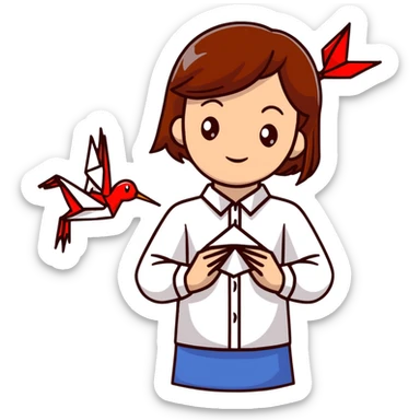 Ukrainian young girl with brown hair wearing an embroidered shirt holds an origami red crane sticker