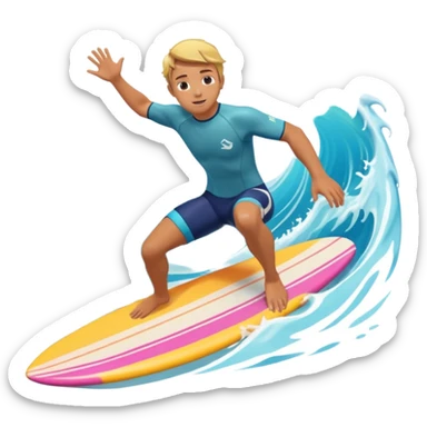 cute surfer riding big ocean waves, dynamic action pose, splash water, colorful surfboard, tropical vibe, 3D cartoon, mobile game icon style, bright colors, soft shadows, clean background, no text, no watermark sticker