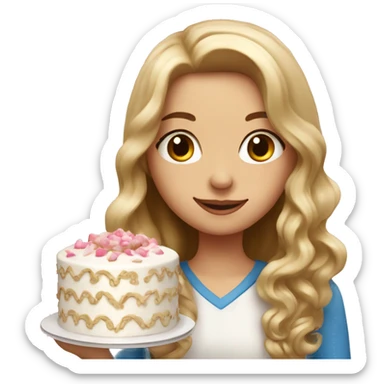 Russian girl with long blond wavy hair and girl with long brown straight hair together holding big white cake sticker