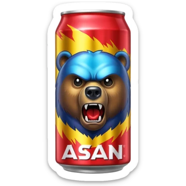 an adult energy drink with picture of angry bear on it and ASAN written on it sticker
