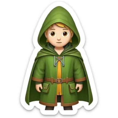 forest explorer hooded cloak object icon, green cloak with hood, leather straps, adventure vibe, 3D cartoon, mobile game icon style, centered, clean background, no text, no watermark
 
 sticker