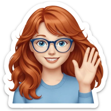 redheaded woman with very long wavy hair and bangs, blue eyes, clear cat-eye glasses, casual chic outfit, smiling, waving sticker