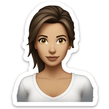 3/4 face, contrasted, shadow, light, Eva Longoria expression, standing from a distance, thin nose, brunette woman, hazel eyes, long eyelashes, dark shoulder shaded hair, white t-shirt, jeans, white sneakers sticker