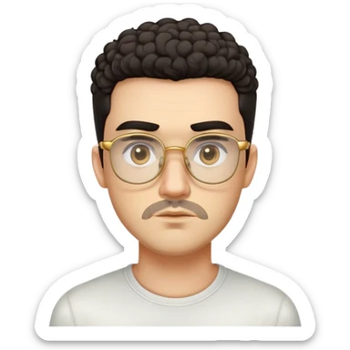 Man with square face, thick straight eyebrows, very short curly dark hair with fade on sides, light facial scruff, serious neutral expression, wearing large square golden glasses sticker