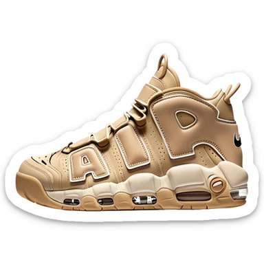 Beige colored Nike Air More Uptempo basketball sneakers with one sneaker positioned behind the other, featuring large AIR text on the sides sticker