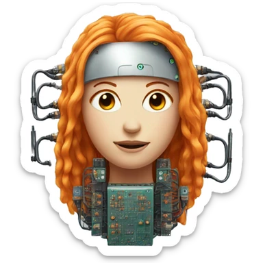 Head of female robot with long orange hair and circuits sticker