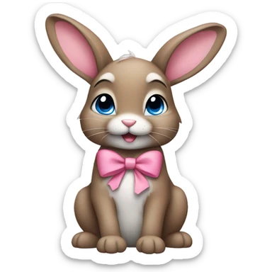 cute brown bunny with pink bow, one leg white, other gray, blue eyes, more light sticker