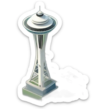 Simplified Seattle space needle, bold, 3d, cartoon style, 🗽, iconic, exaggerated proportions, landmark sticker