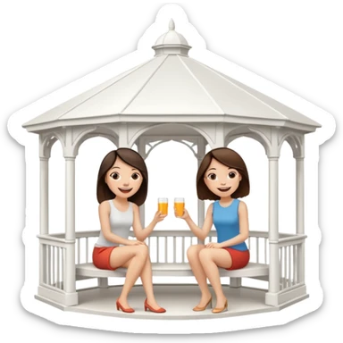 Two brunette women sitting inside a large white gazebo sticker