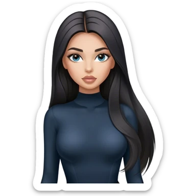 Glamours, tanned, very beautiful girl, with big pump peach-beige-rose lips, long long lashes, black straight smooth silky long hair, straight parting hair, blue-grey eyes in black long-sleeves bodysuit sticker