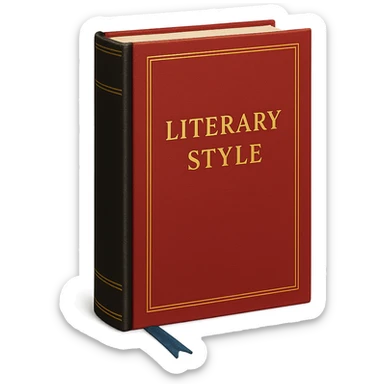 Book with red cover, gold lettering, black spine, blue bookmark, elegant literary style sticker