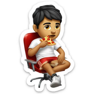 short hair mexican pale teen 13 years old with a chuncky weight eating a pizza wearing proclub dressed like a california gangster sitting on a metal party chair sticker