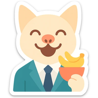 cat with a dog nose, wearing a suit, earring, holding a cup of bananas, playful expression sticker