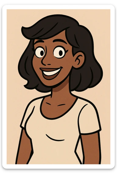 woman with brown skin, black hair, smiling, modern cartoon style sticker