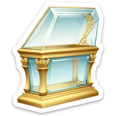A delicate glass coffin with golden trim, resting on an ornate pedestal. Soft light reflects off the glass, adding an ethereal, fairy-tale glow sticker