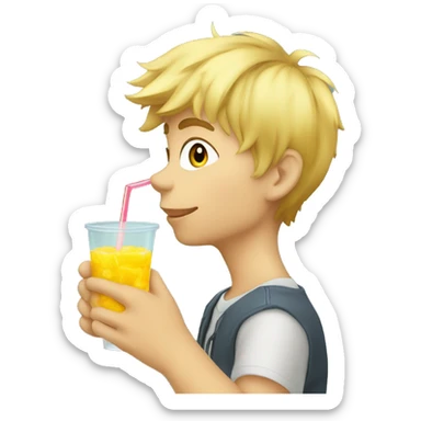 A blonde boy sucking juice with a straw while his hand is holding the drink, profile view sticker