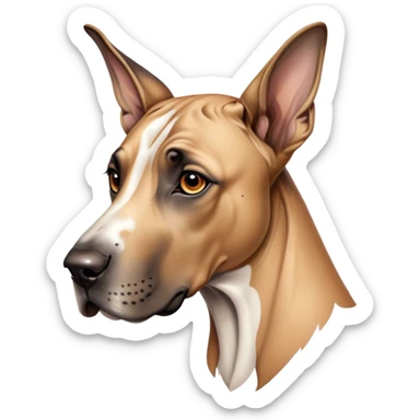 Cinematic Noble Fawn Great Dane Portrait Emoji, Poised and regal, with a towering, muscular build and a sleek, well-groomed solid fawn Fur accented by subtle dark markings, deep-set soulful amber eyes, Simplified yet sharp and sophisticated features, highly detailed, glowing with a soft, dignified glow, high shine, intelligent and gentle, stylized with an air of majesty, focused and attentive, soft glowing outline, capturing the essence of a watchful and confident guardian, so majestic it feels as though it could stride out of the screen with effortless authority! sticker