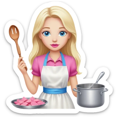 Cinematic realistic beautiful blonde with long hair, blue eyes and pink lips in a white dress cooks sticker