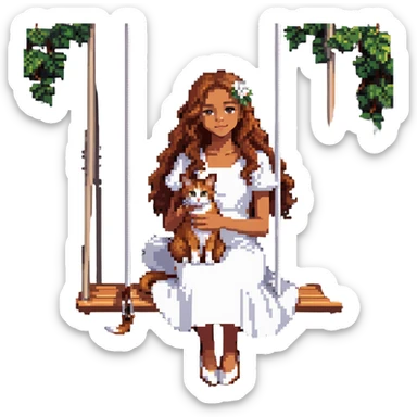 beautiful girl with curly long brown hair in a white dress holding an Abyssinian cat with reddish-brown fur, sitting on a swing sticker