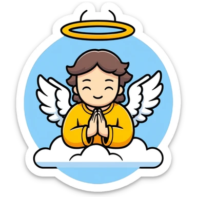 Plain emoji face praying on a cloud has wings and a halo sticker