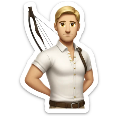 a male archer with a bow, wearing a white shirt, very short brown hair, bright skin, only show upper part of the body from waist up sticker