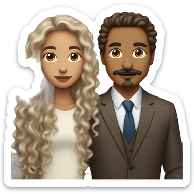 Lightskin girl with long curly brown hair next to white man with long brown hair and mustache sticker