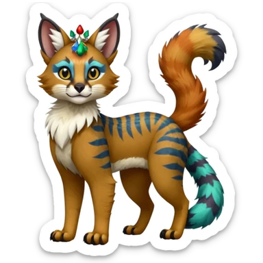 Colorful glorious Christmas-themed zigzagged cool beautiful fantasy-caracal-civet-genet-sergal-vernid-Gryphon-Cacomistle-Trico-oncilla-animal-Fakémon-hybrid-fursona (full body), facial markings,  sticker