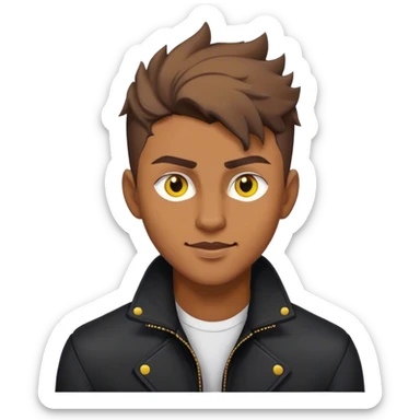 A male with yellow eyes and brown wolf cut hair, raised eyebrows, sly smile, black jacket  sticker