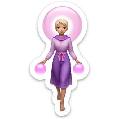 A small figure walks back across a foggy bridge, holding soft pink and purple orbs in each hand—symbolizing compassion and forgiveness. A gentle heart aura trails behind them, showing healing in motion. sticker