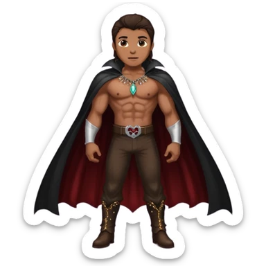 Vampire Hunter with long dark brown hair, dark brown sequin baggy pants, shirtless with necklace, dark brown sequin cape sticker