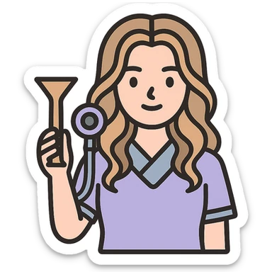 A girl with appearance and clothing as in the reference image, holding an obstetric stethoscope in one hand, the other hand lowered. Style: icon-color-outlined, Chinese Eastern style, detailed shadows and highlights, thin clean contours, soft rounded shapes, pastel palette #98B5BC, #B5B3C1, #C9A3C9, #E4C0CA, #F7DCD1, #F7C0AA, soft lighting, transparent background, no decorative elements. sticker