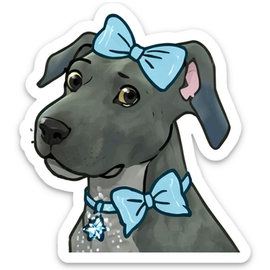 Blue Great Dane dog with a sparkly bow on its ear, 3D style sticker