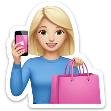 Blond influencer taking selfie with an iphone with one hand and a pink shopping bag in the other hand sticker