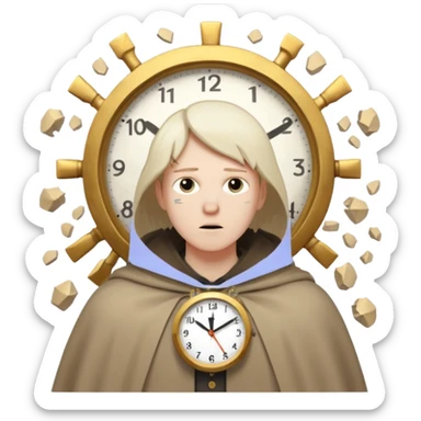 Character standing calm while clock fragments explode past, cloak barely moving sticker