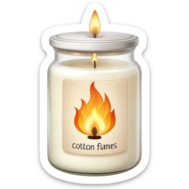 aesthetic emoji of a creamy white candle in a matte glass jar with the label “cotton”, three small flames burning evenly, soft cozy lighting, minimal elegant vector style, transparent background sticker