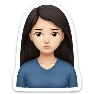 "Cartoon emoji of a woman with long, loose dark hair, wearing plain, simple clothes. Full-height, standing, nervous, unsure, worried expression. Slightly hunched, anxious posture. Smooth, simple, stylized."Eyes looking down or away, avoiding direct contact sticker