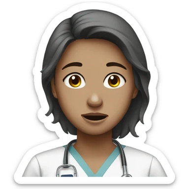 Brunette girl crying while working in hospital in gray scrubs sticker