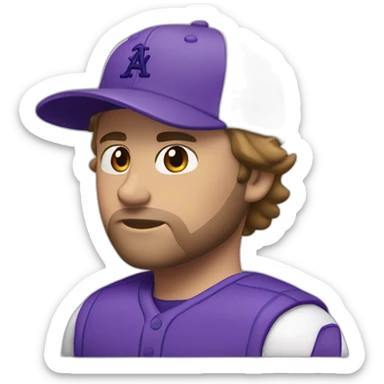 A 33 year man with light brown shot hair, black eyes and a short beard stubble, wearing a violet baseball cap sticker