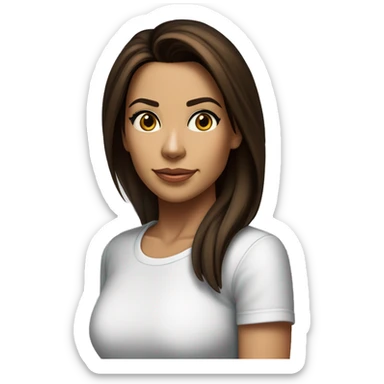 3/4 face, contrasted, shadow, light, Eva Longoria expression, standing from a distance, thin nose, brunette woman, hazel eyes, long eyelashes, dark shoulder shaded hair, white t-shirt, jeans, white sneakers sticker